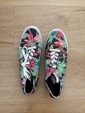 Vans Black Floral Canvas Low-Top Sneakers with Pink & Green Accents